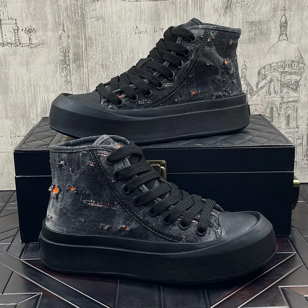 高帮帆布鞋潮流破洞牛仔休闲鞋板鞋系带百搭冬季韩版运动男鞋子