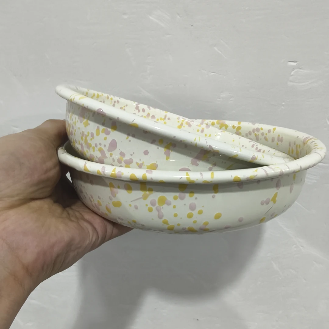 【拍一发二】黄粉  内外泼墨  珐琅搪瓷盘  家用甜品盘