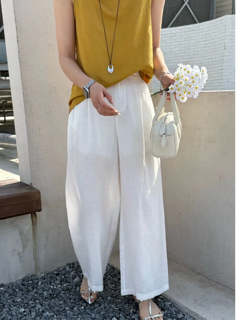 饭饭家 天丝亚麻阔腿裤