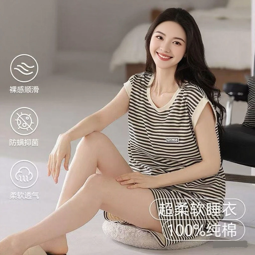 夏季女士带胸垫睡衣套装无袖短裤两件套简约条纹可外穿女夏家居服