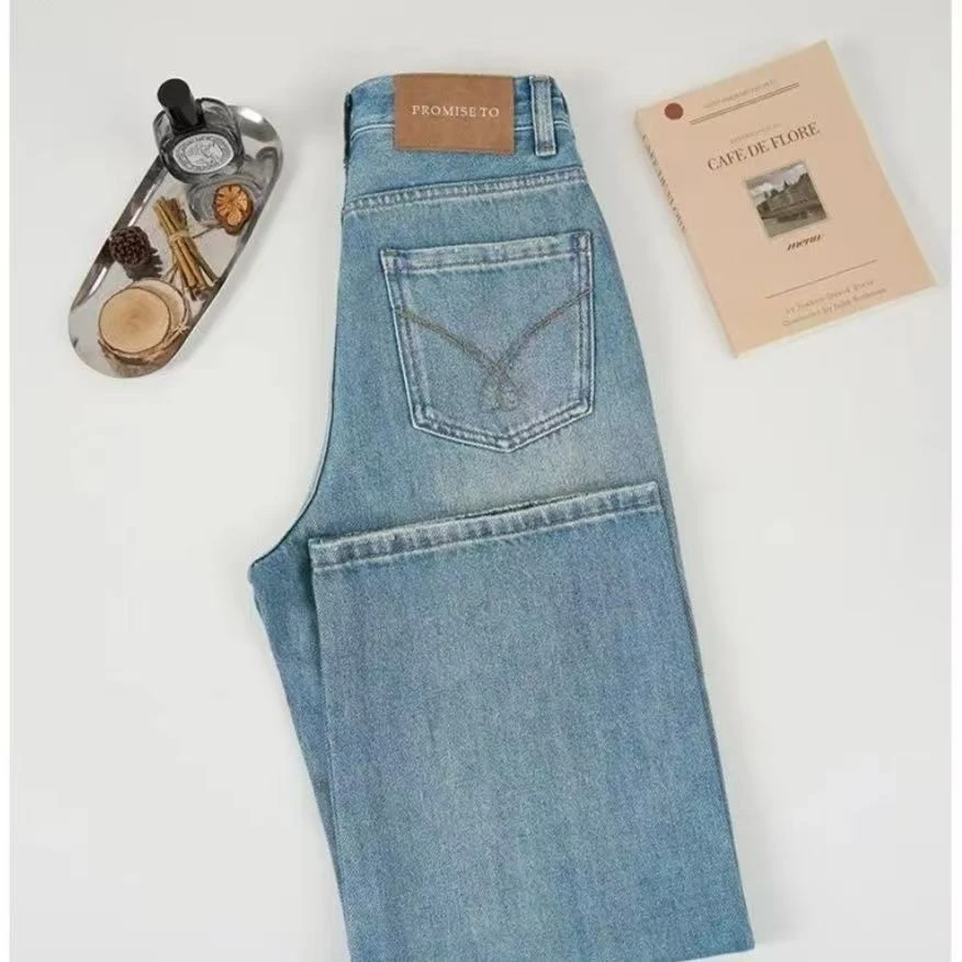 (现货送运费险）2025春夏款雾霾蓝窄版阔腿无弹高腰垂感直筒牛仔裤