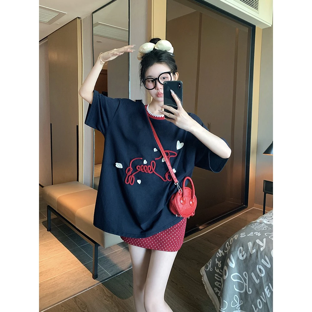 爱心明线刺绣短袖T恤女夏季新款韩系设计感宽松显瘦休闲百搭上衣