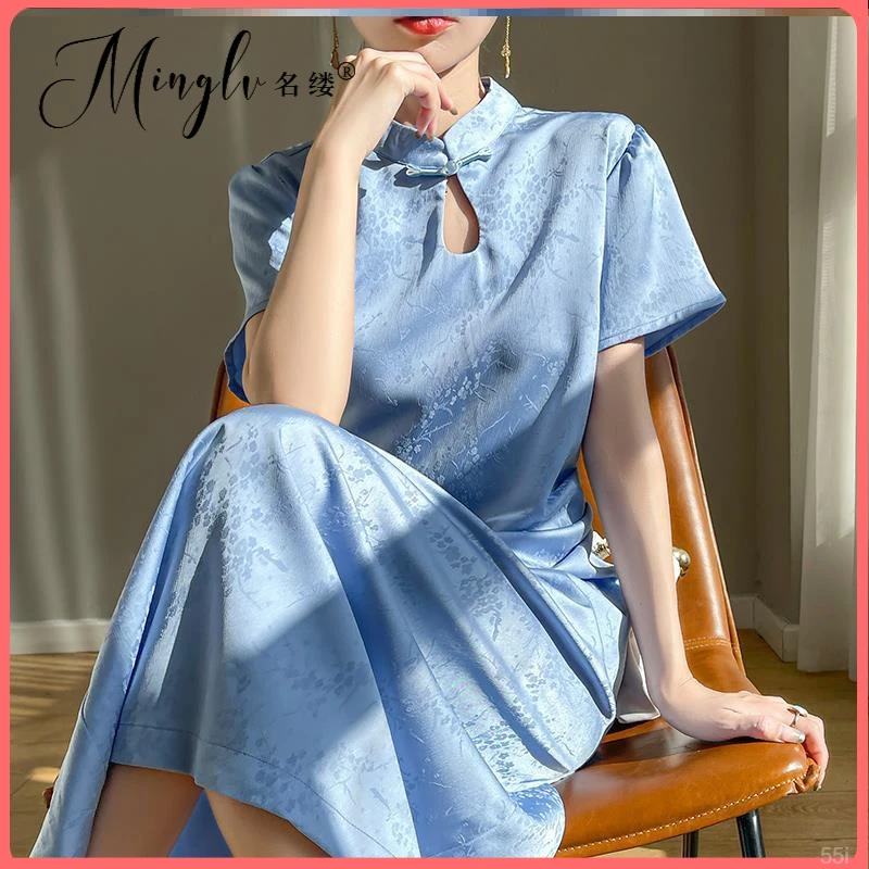 百搭短袖连衣裙新中式国风流行重工提时尚滑旗袍裙女时尚复古2025