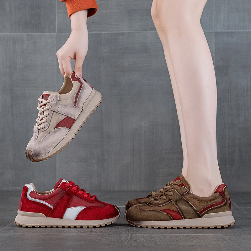 新款拼色潮款泫雅风头层牛皮厚底百搭休闲时尚潮系小众阿甘鞋