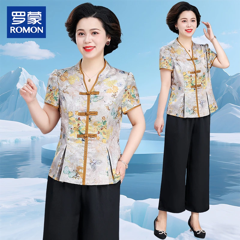 罗蒙妈妈夏装新中式套装2025新款中年女花色上衣中老年洋气两件套