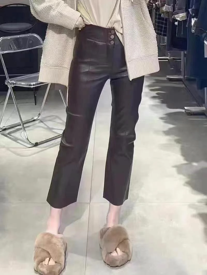 进口绵羊皮弹力皮女式真皮皮裤2024秋冬新款修身显瘦直筒裤九分裤