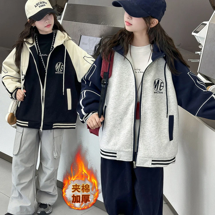 女童加棉连帽外套深秋初冬季新款中大童加厚棒球服初中生冬装棉衣