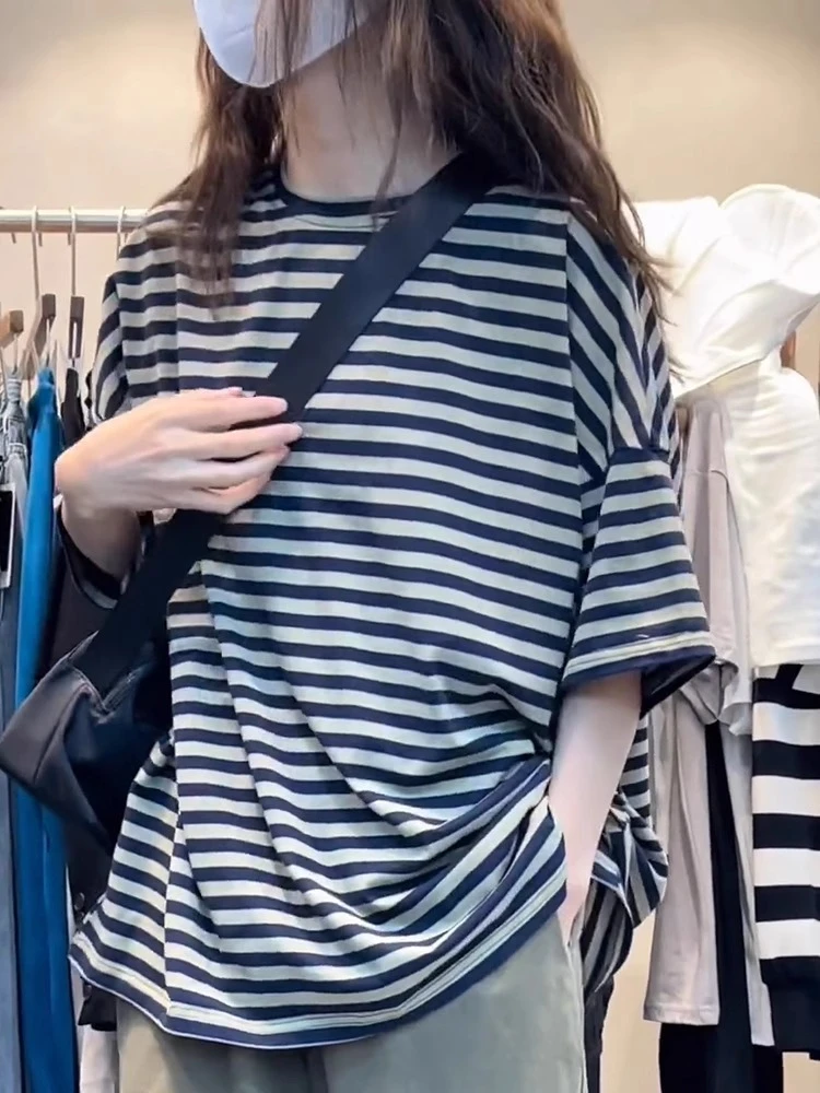 女生韩系ins衣服新款夏条纹短袖T恤韩系简约宽松休闲大版中长款潮