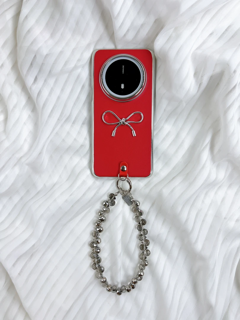 品申原创素皮红蝴蝶结贴饰水晶手提链适用华为mate70pro手机壳