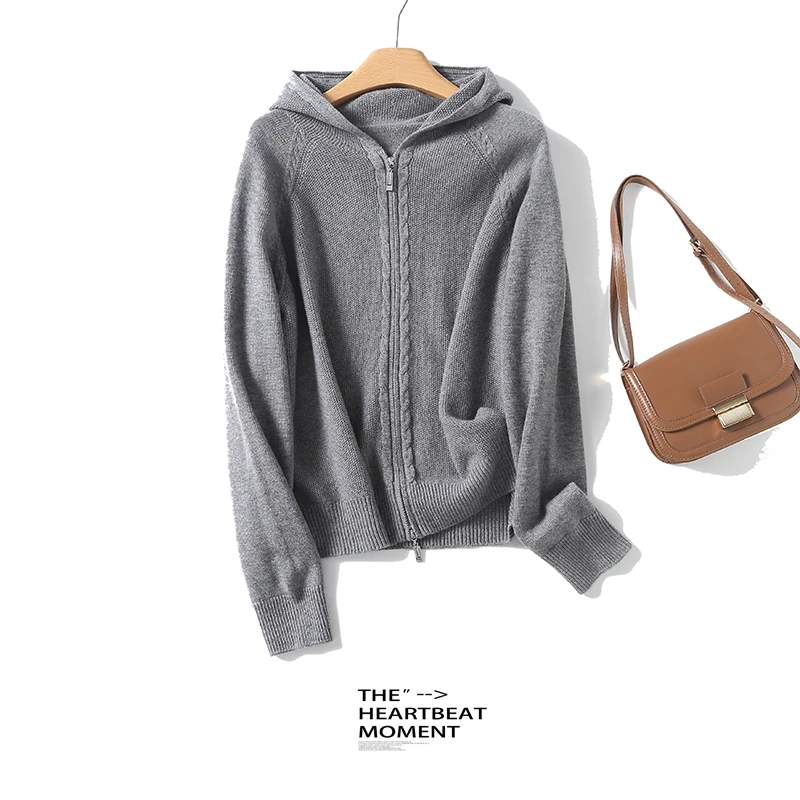 100%绵羊毛女士连帽拉链款纯色羊毛衫长袖针织时尚百搭BN 933