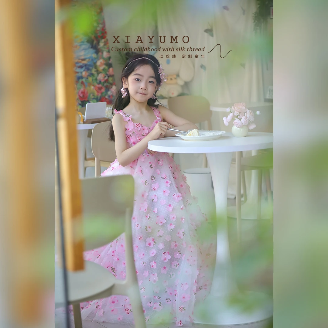 夏羽墨女童粉色公主裙洋气童装夏季碎花连衣裙印花拖尾走秀礼服