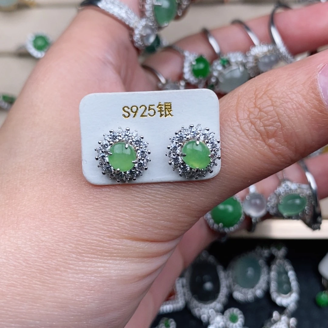 翡翠耳饰银S925镶嵌欧*兮天然A货翡翠