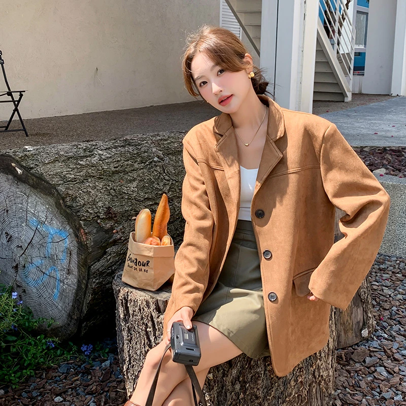 美式复古咖色鹿皮绒西装外套女2025新款春秋炸街西服精致上衣