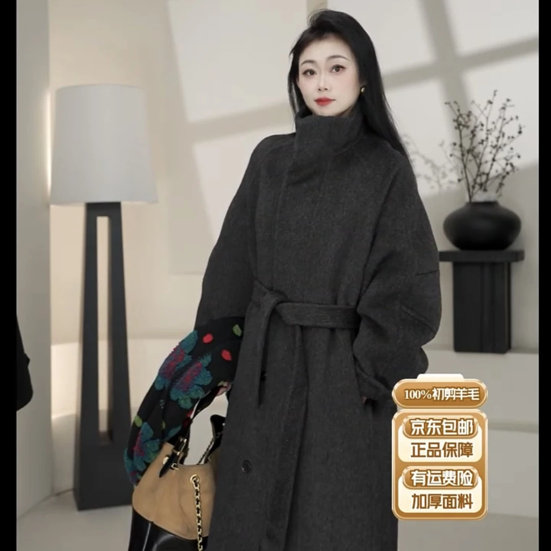 九上韩系牦牛绒加厚款羊毛大衣黑色爆款时尚秋冬高级感毛呢外套