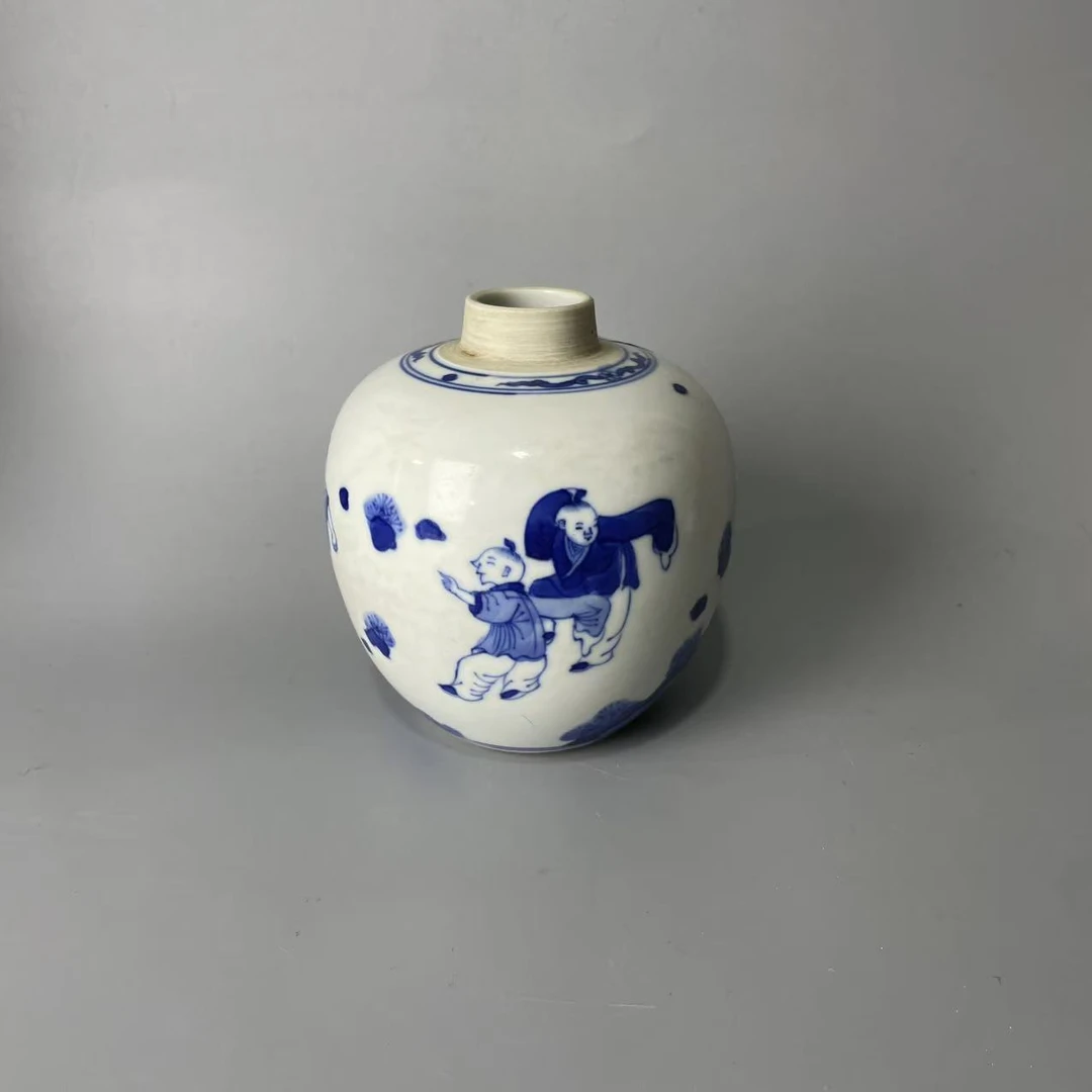 青花婴戏图罐一个