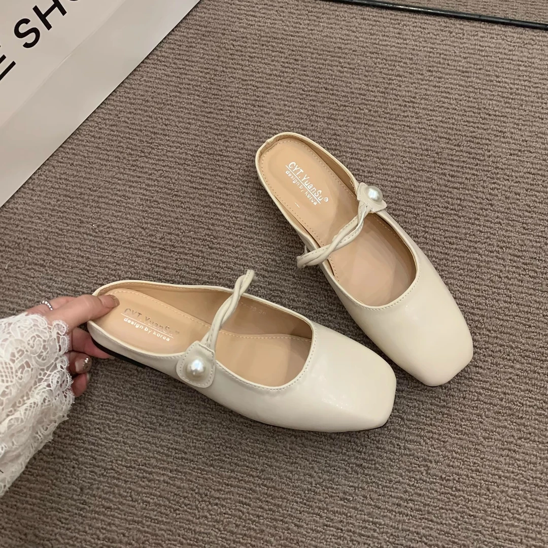 法式平底银色半托单鞋女鞋子2025新款春夏季韩版一脚蹬包头半拖鞋