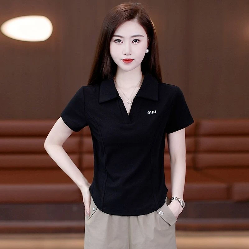 精选棉夏季设计新款时尚polo短袖中年妈妈上衣女修身收腰显瘦百搭