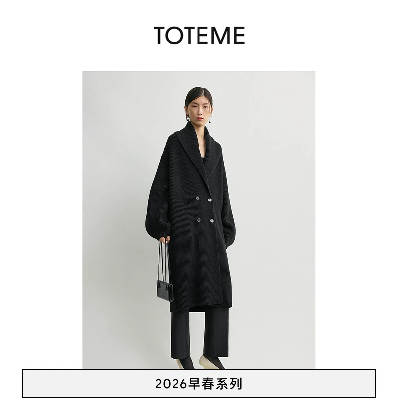 TOTEME女装26早春新款黑色羊毛长款青果领开衫