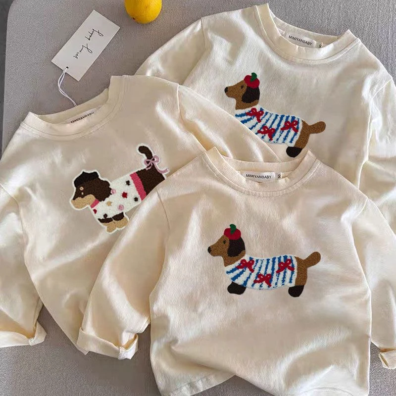 男童纯棉长袖T恤春秋季儿童毛巾绣百搭打底衫女宝宝薄款圆领童装t