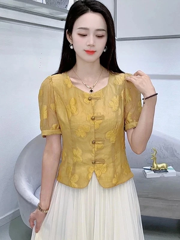 【639】夏季新中式复古盘扣衬衫女洋气减龄百搭显瘦上衣