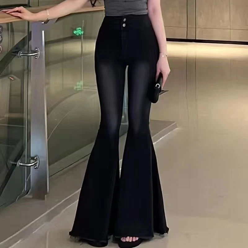 美式辣妹加绒鱼尾喇叭牛仔裤女高腰修身显瘦弹力毛边长裤拖地长裤
