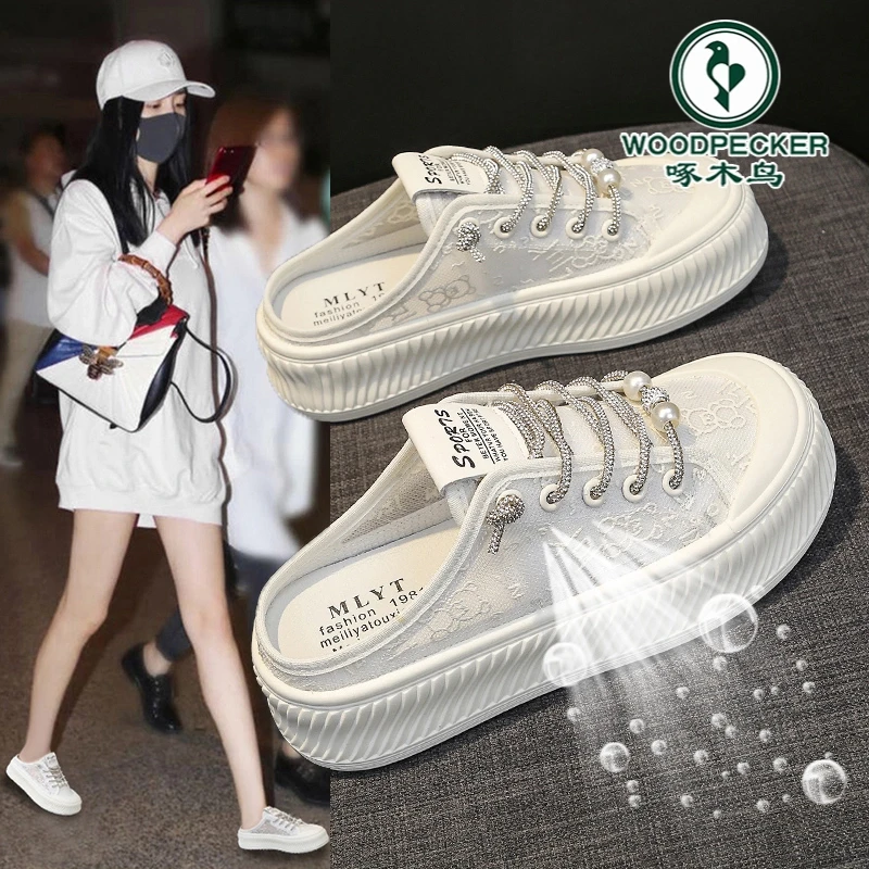 啄木鸟包头半拖鞋女夏夏外穿2025新款爆款小白厚底无后跟孕妇拖鞋