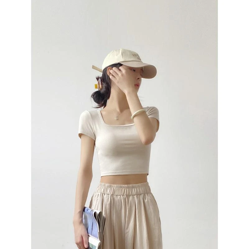 带胸垫短袖小方领短款女T恤莫代尔棉露脐半袖内搭运动打底衫外穿