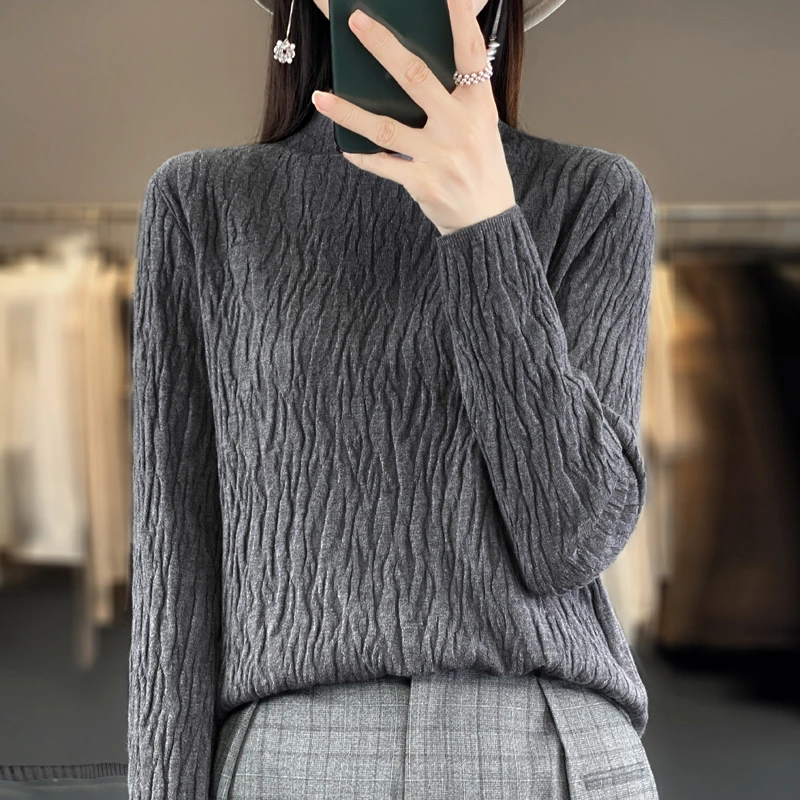 秋冬季乱坑条针织衫长袖半高领毛衣181