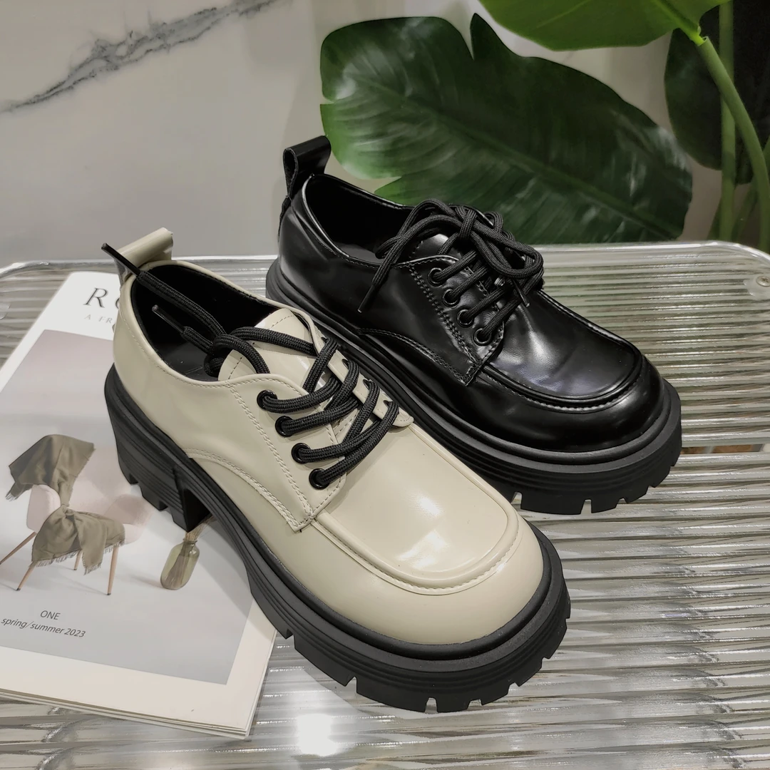 厚底乐福鞋女秋新款粗跟系带英伦风百搭乐福鞋2603