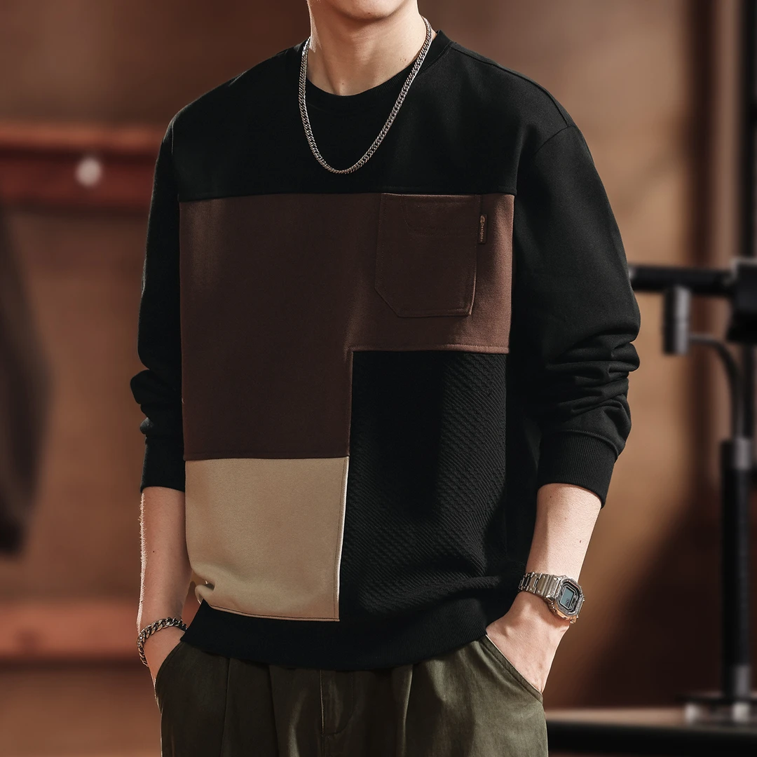 格蓝鹿美式复古撞色拼接长袖男士卫衣2025秋季新款时尚设计感上衣