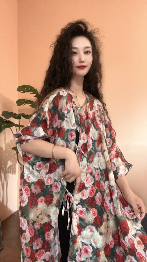 museguhui/木色古汇82566#印花侧边系绳休闲长款连衣裙