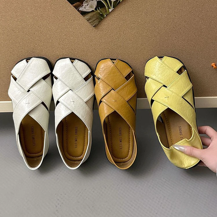 方头凉鞋女2025夏季新款镂空复古编织时尚百搭两穿厚底罗马鞋