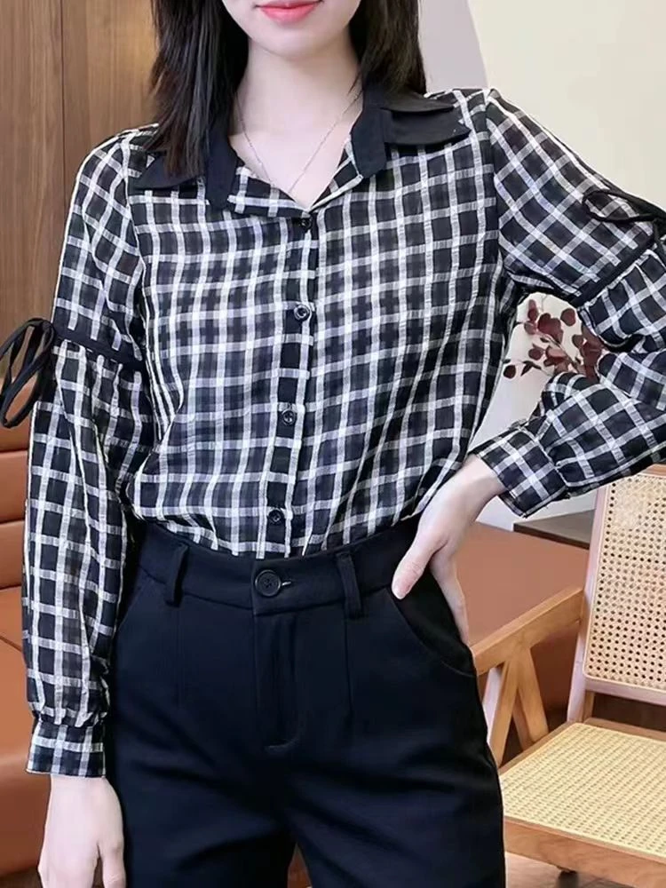 韩版灯笼袖朋克风长袖印花衬衫格纹小衫衬衣宽松女装