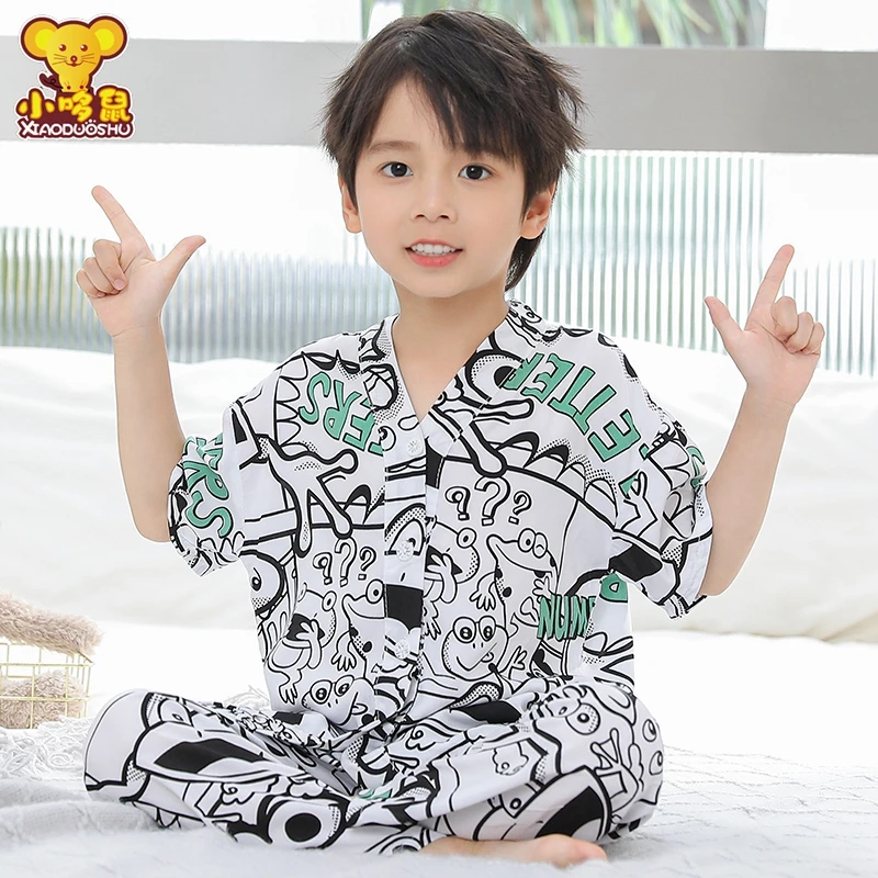 夏季男童短袖长裤棉绸睡衣套装宝宝夏天小孩子薄款儿童空调家居服