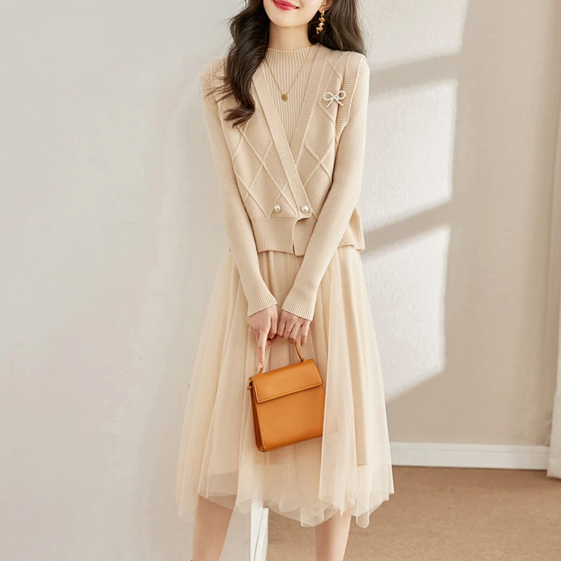 小香风连衣裙女秋冬2022新款洋气毛衣裙针织两件套装长衣服裙子