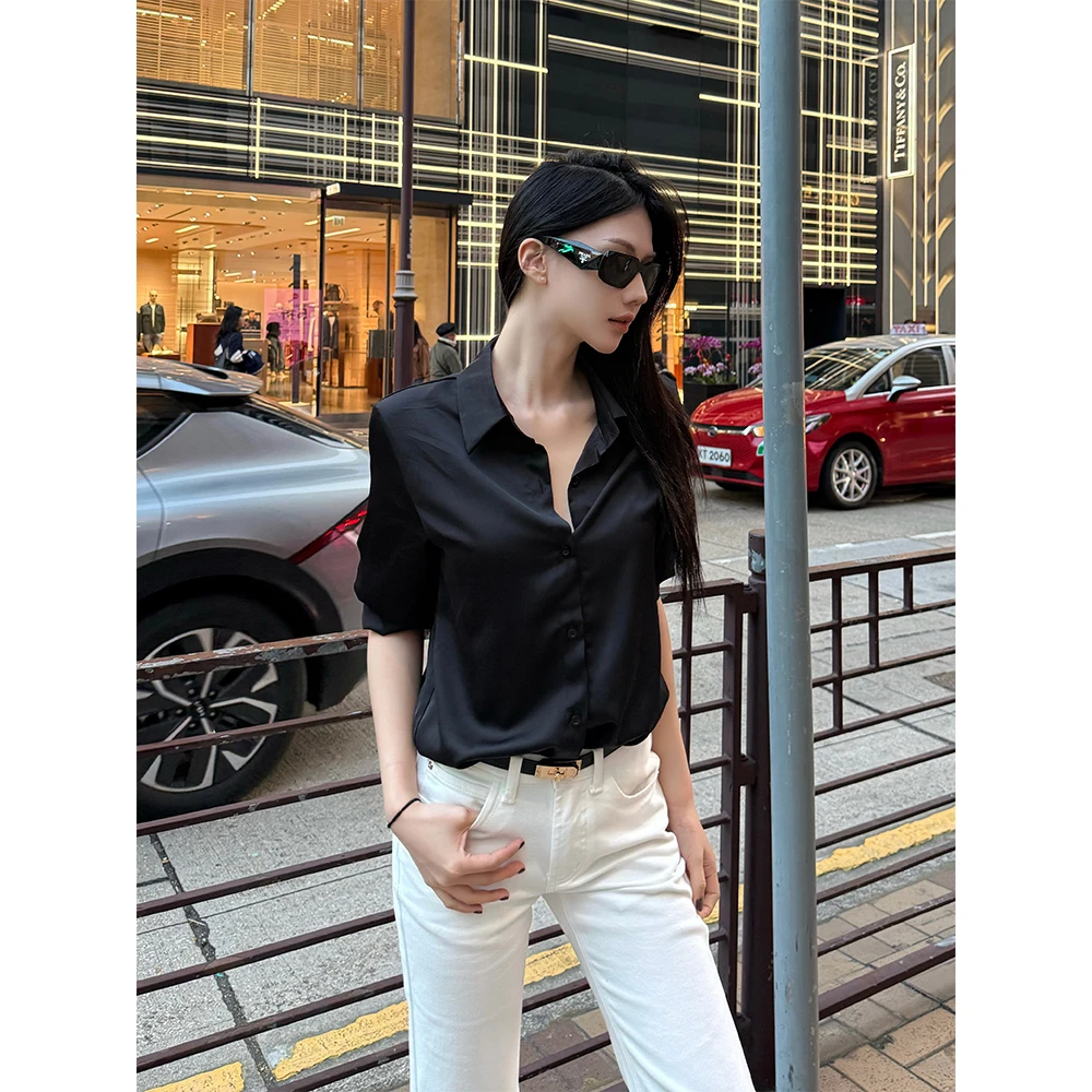 IFMR高级感时尚洋气黑色衬衫春季新款法式小个子衬衣女上衣F