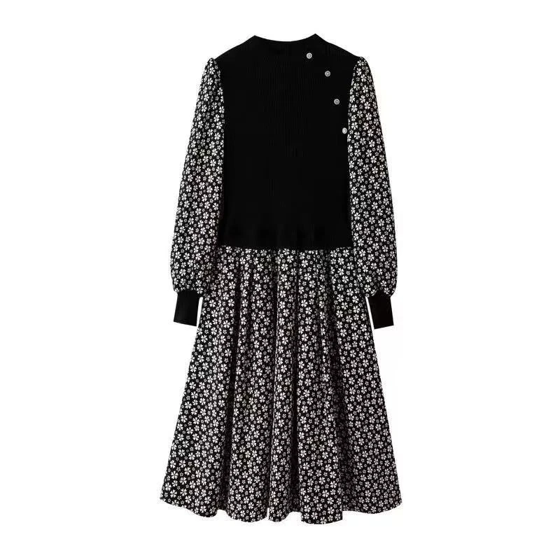 352时尚半高领针织拼接碎花假两件修身显瘦女士连衣裙