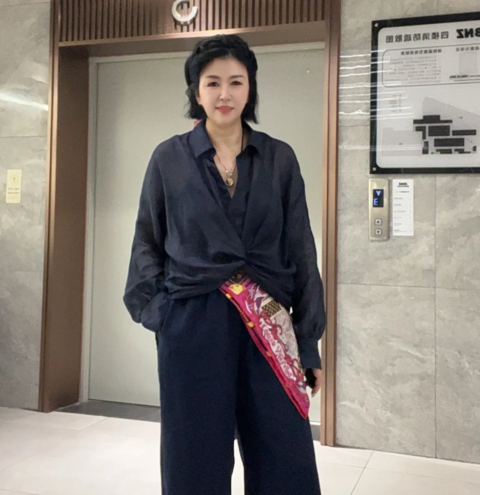 2025新款苎麻扭结女士长袖宽松时尚休闲防晒衬衫27272