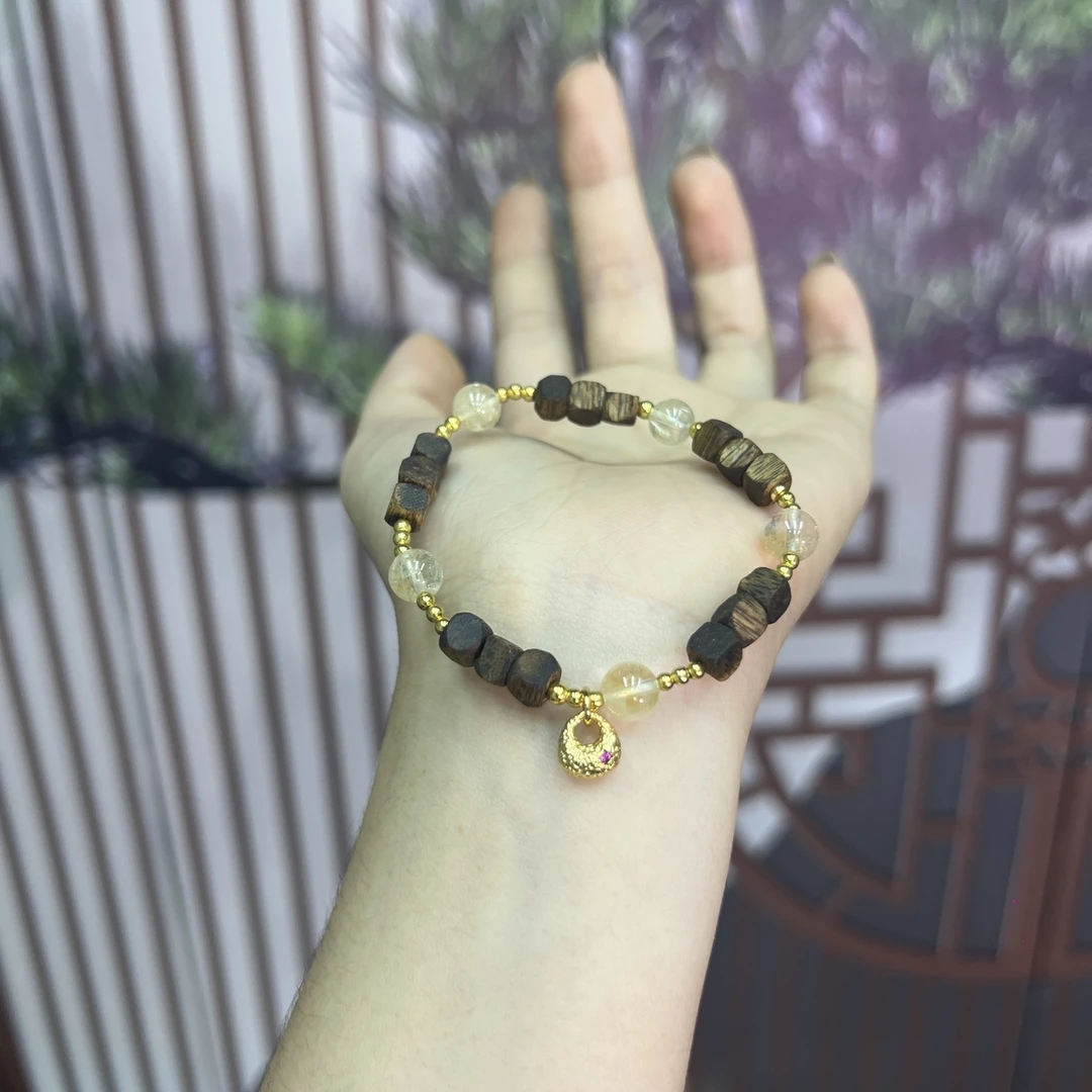 沉香天然奇楠沉香木拼接黄塔晶手链国风小众设计手饰串030