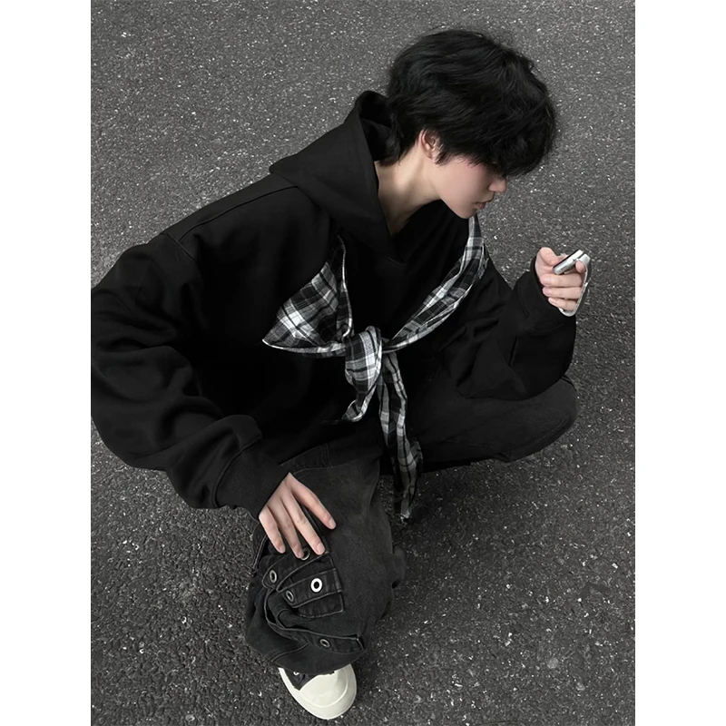 格子绑带蝴蝶结连帽卫衣男款早秋穿搭高级感重磅帽衫美式休闲外套