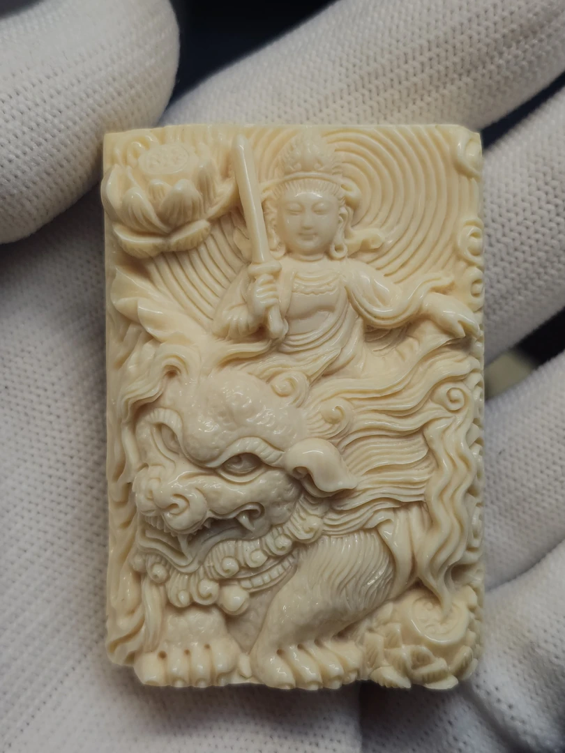 天然猛犸牙手工大狮文殊菩萨吊坠