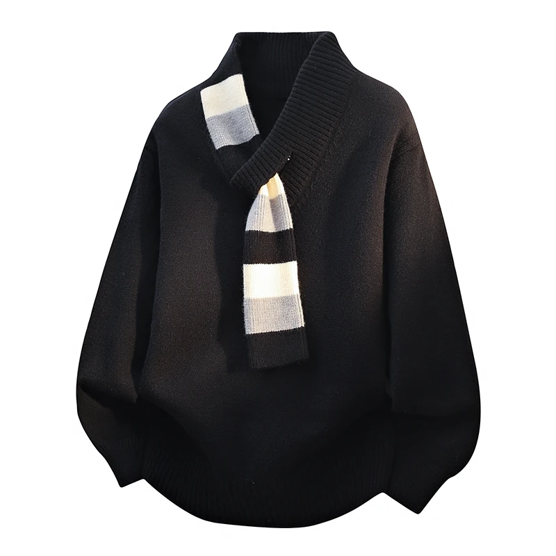 小众设计感毛衣男秋冬2025新款围巾v领加厚针织衫痞帅黑色上衣男
