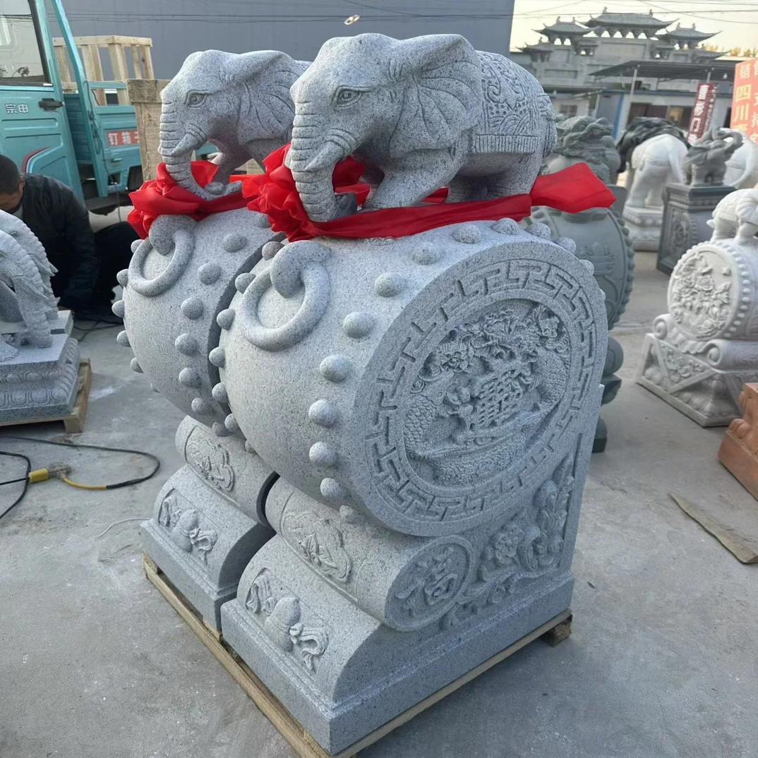 石雕门墩抱鼓石一对天然青石小象石鼓貔貅狮子户外庭院门口摆件