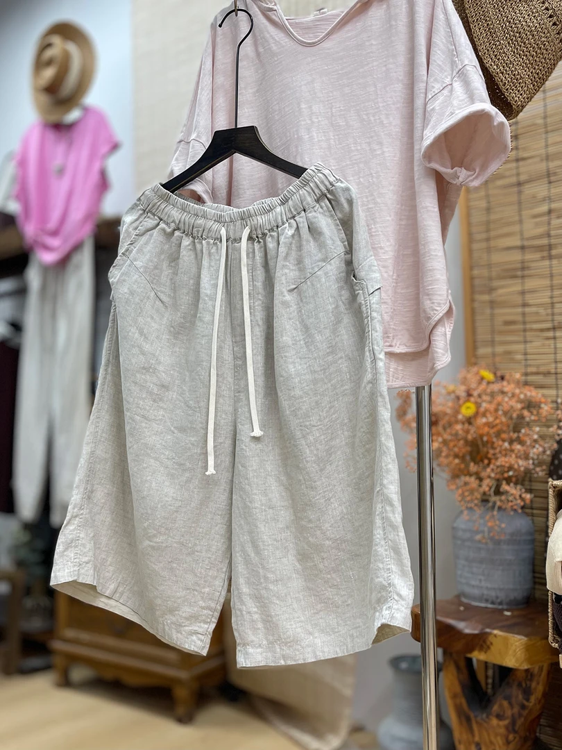 纯亚麻松紧腰气质简约中裤2025夏季新款纯色抽绳直筒短裤女