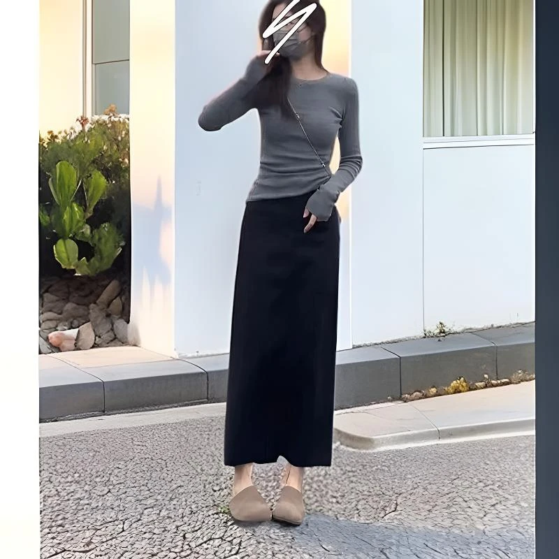 春秋季修身显瘦气质圆领针织衫长袖内搭打底上衣+开叉半身裙套装