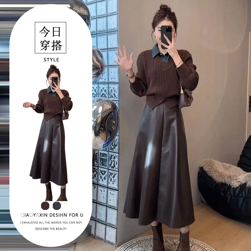 秋季一整套女2025新款时尚美拉德复古拼接假两件上衣半身裙两件套