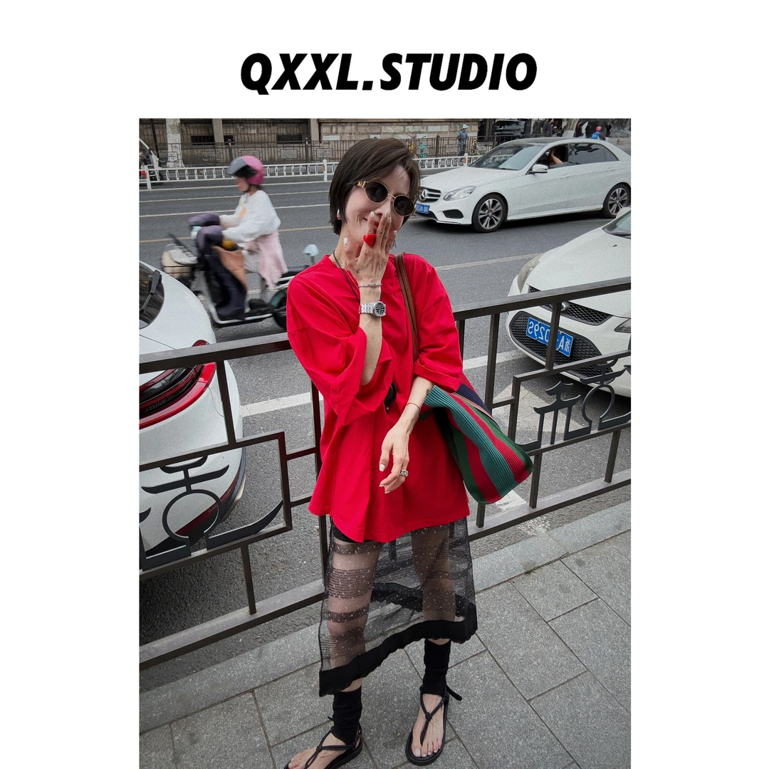 邱小小丽呀 纯色大版T恤夏季新款宽松大版遮肉显瘦百搭短袖上衣女