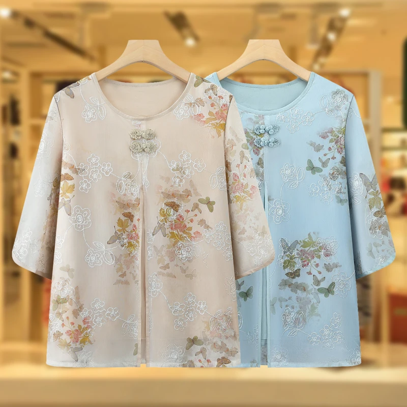 奶奶装夏装七分袖衬衫2025新款中老年女妈妈装春装洋气休闲上衣