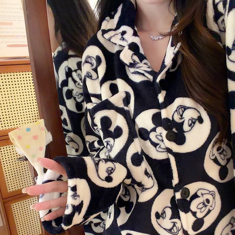 睡衣女黑色圈圈米奇秋冬季法兰绒长袖长裤日系甜美加厚家居服套装