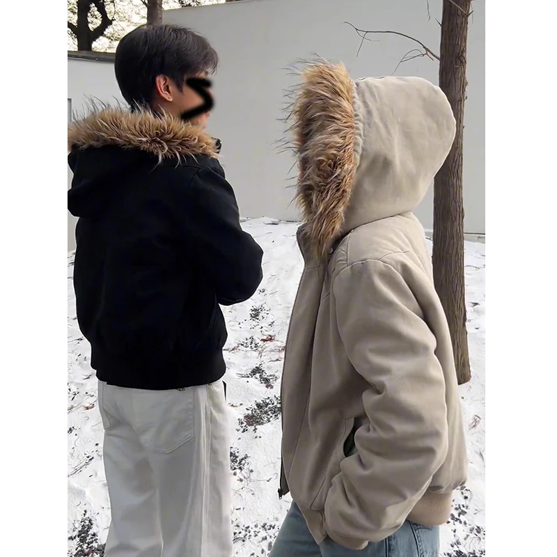 美式复古座山狮棉服外套男款冬季加厚重磅cleanfit连帽座山雕棉衣
